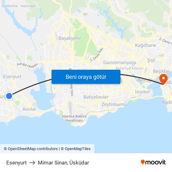 Esenyurt to Mimar Sinan, Üsküdar map