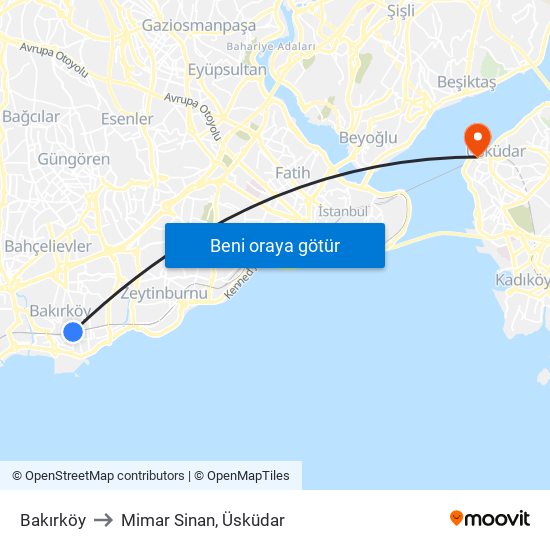 Bakırköy to Mimar Sinan, Üsküdar map