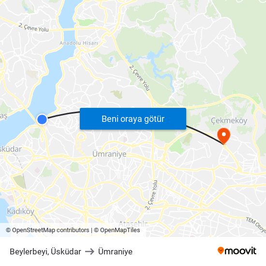 Beylerbeyi, Üsküdar to Ümraniye map