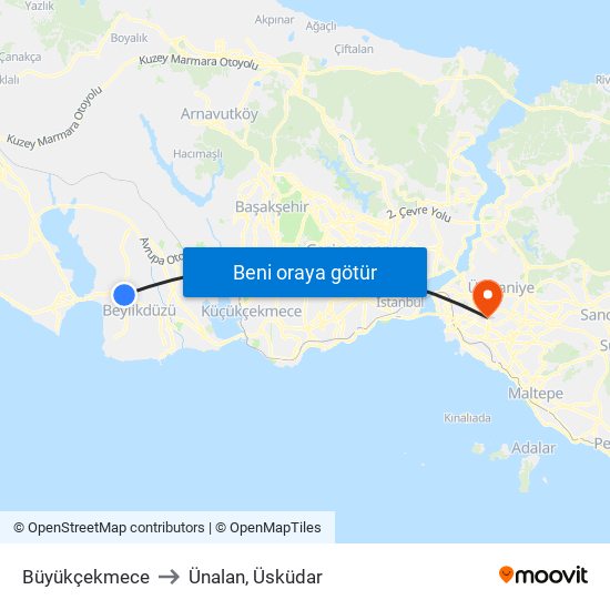 Büyükçekmece to Ünalan, Üsküdar map