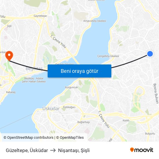 Güzeltepe, Üsküdar to Nişantaşı, Şişli map