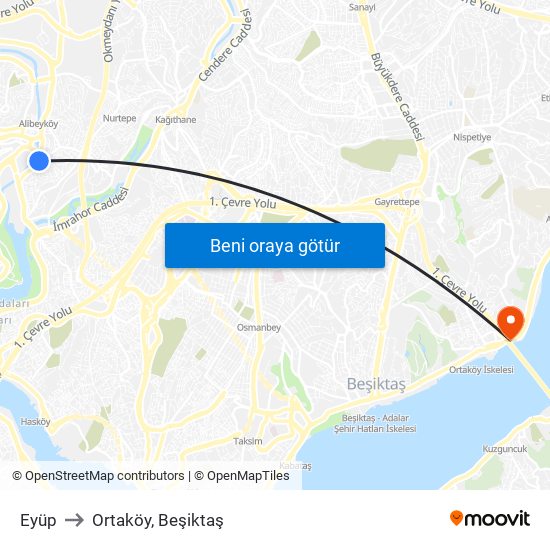 Eyüp to Ortaköy, Beşiktaş map