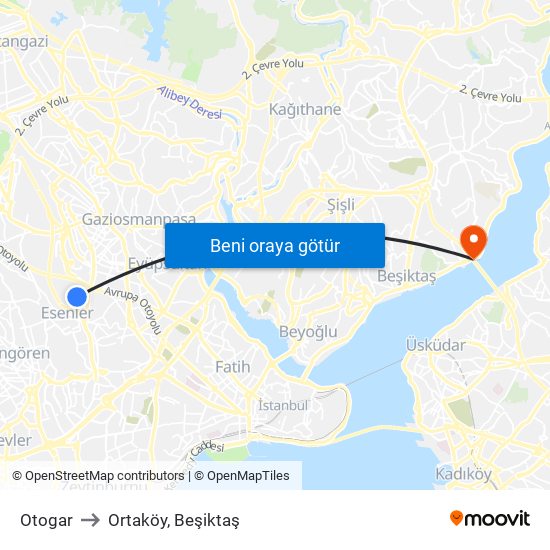 Otogar to Ortaköy, Beşiktaş map