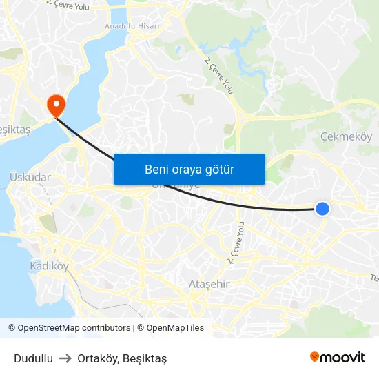 Dudullu to Ortaköy, Beşiktaş map