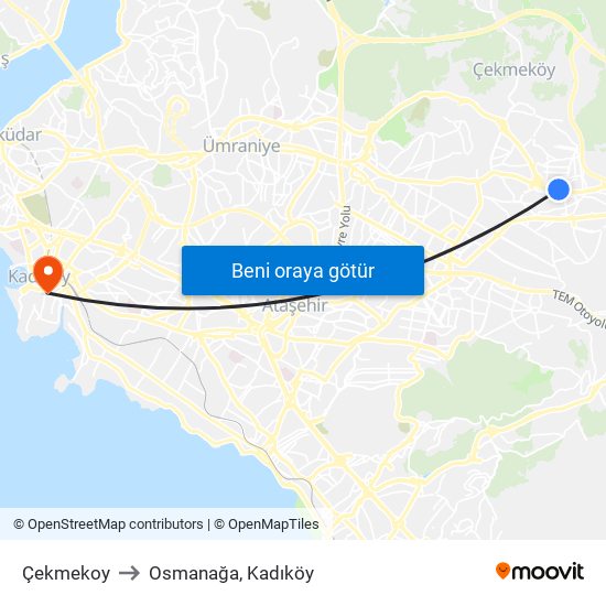 Çekmekoy to Osmanağa, Kadıköy map