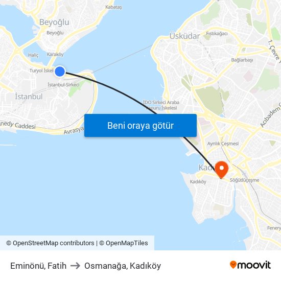 Eminönü, Fatih to Osmanağa, Kadıköy map