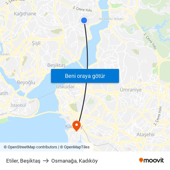 Etiler, Beşiktaş to Osmanağa, Kadıköy map