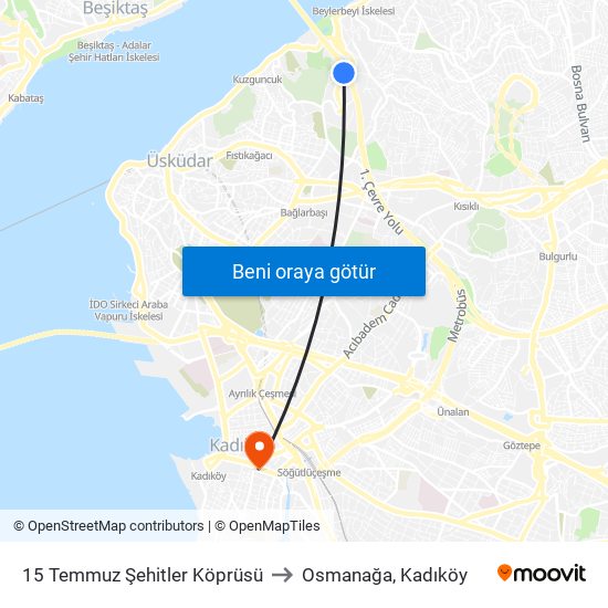 15 Temmuz Şehitler Köprüsü to Osmanağa, Kadıköy map