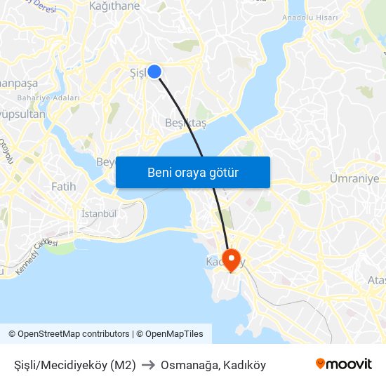 Şişli/Mecidiyeköy (M2) to Osmanağa, Kadıköy map