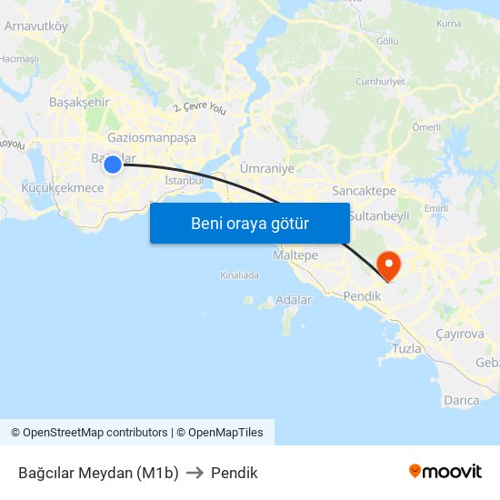 Bağcılar Meydan (M1b) to Pendik map