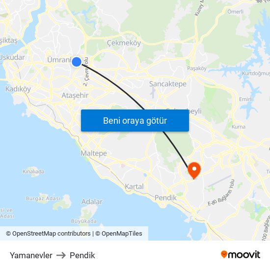 Yamanevler to Pendik map