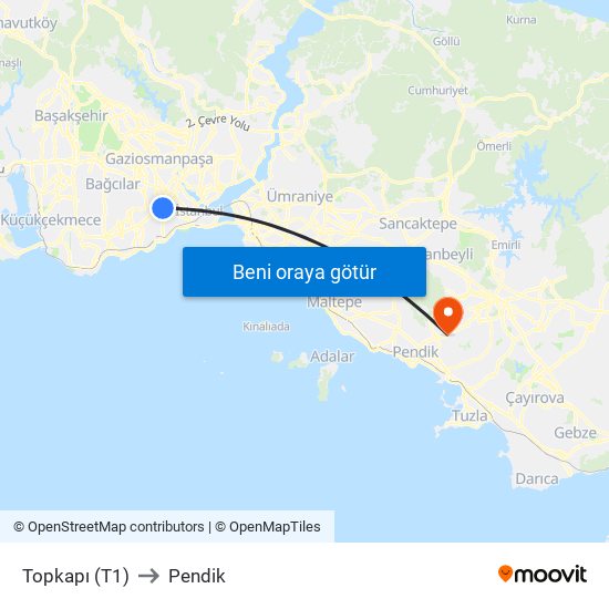 Topkapı (T1) to Pendik map