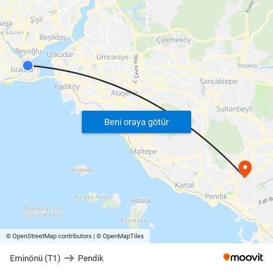Eminönü (T1) to Pendik map
