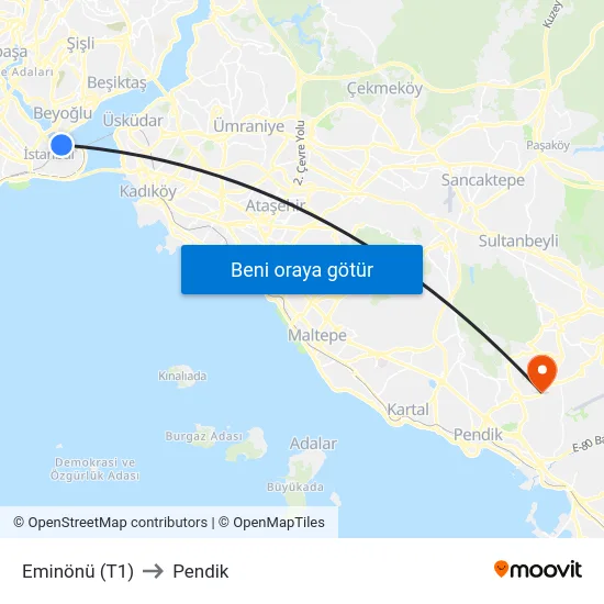 Eminönü (T1) to Pendik map