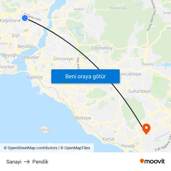 Sanayi to Pendik map