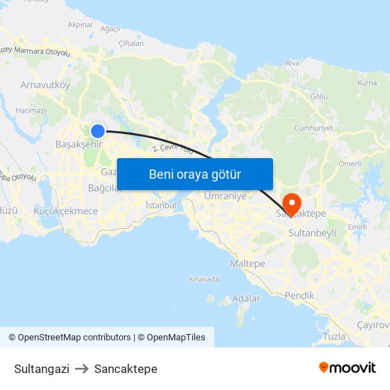 Sultangazi to Sancaktepe map