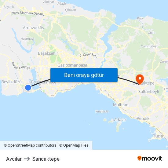 Avcilar to Sancaktepe map
