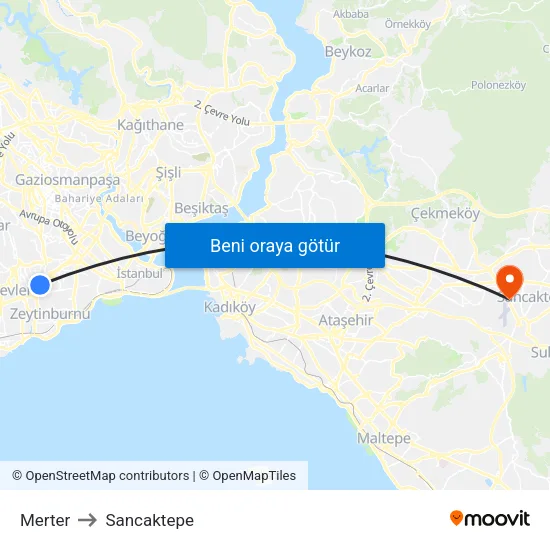 Merter to Sancaktepe map