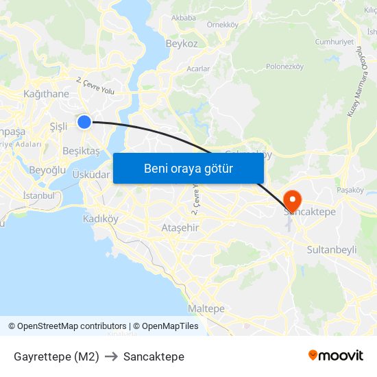 Gayrettepe (M2) to Sancaktepe map