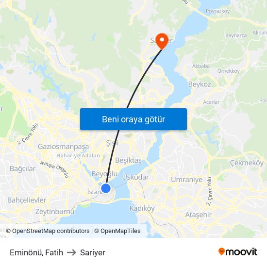 Eminönü, Fatih to Sariyer map