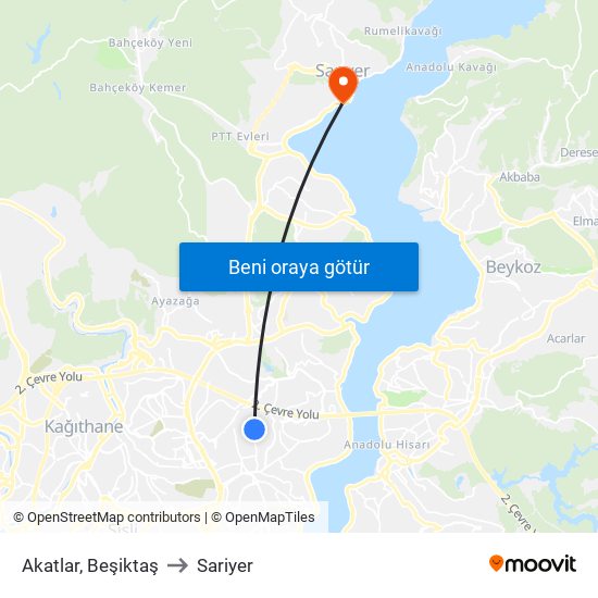 Akatlar, Beşiktaş to Sariyer map