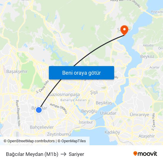 Bağcılar Meydan (M1b) to Sariyer map