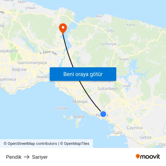 Pendik to Sariyer map