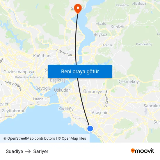 Suadiye to Sariyer map
