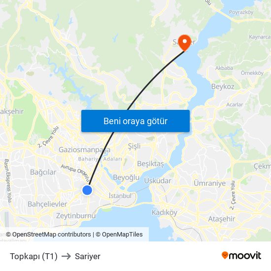 Topkapı (T1) to Sariyer map