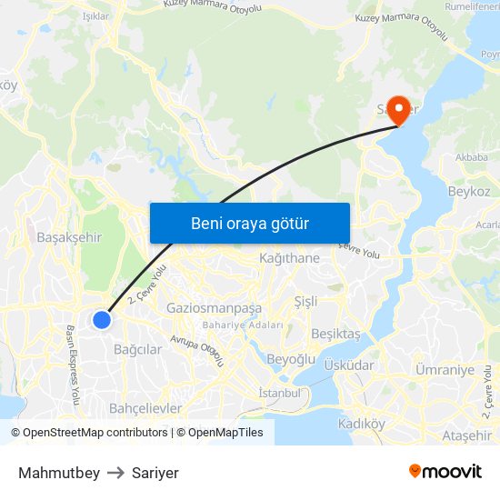 Mahmutbey to Sariyer map