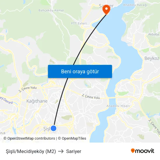 Şişli/Mecidiyeköy (M2) to Sariyer map