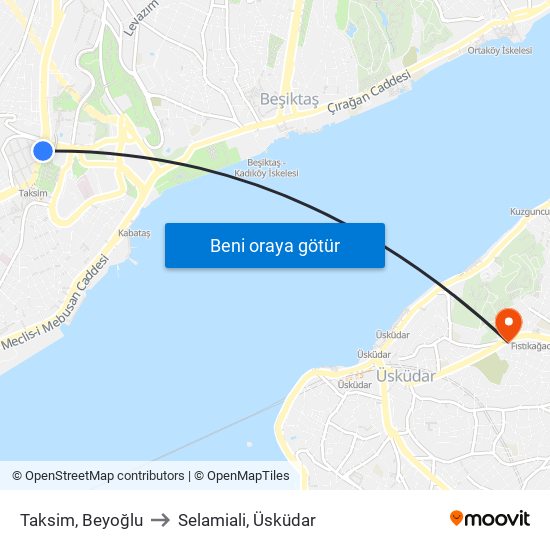Taksim, Beyoğlu to Selamiali, Üsküdar map
