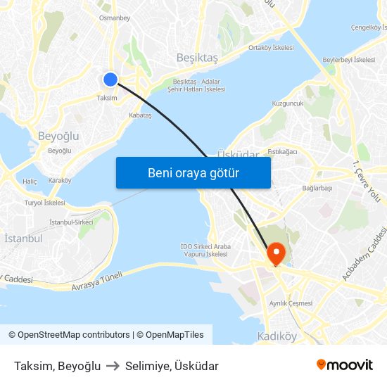 Taksim, Beyoğlu to Selimiye, Üsküdar map