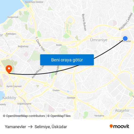Yamanevler to Selimiye, Üsküdar map