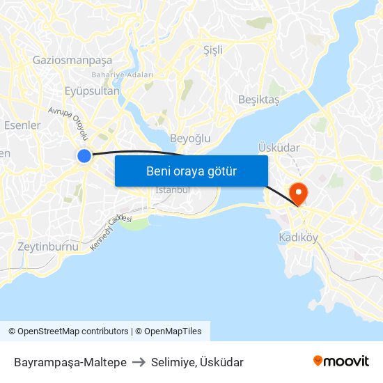 Bayrampaşa-Maltepe to Selimiye, Üsküdar map