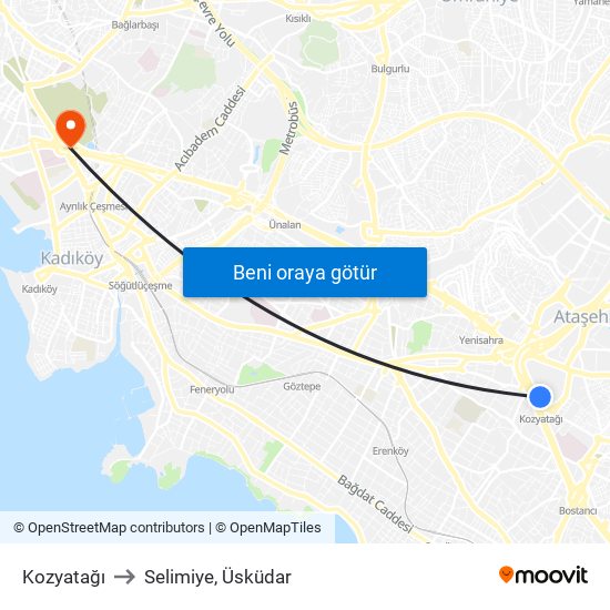 Kozyatağı to Selimiye, Üsküdar map