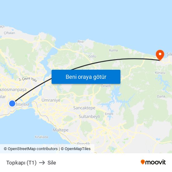 Topkapı (T1) to Sile map