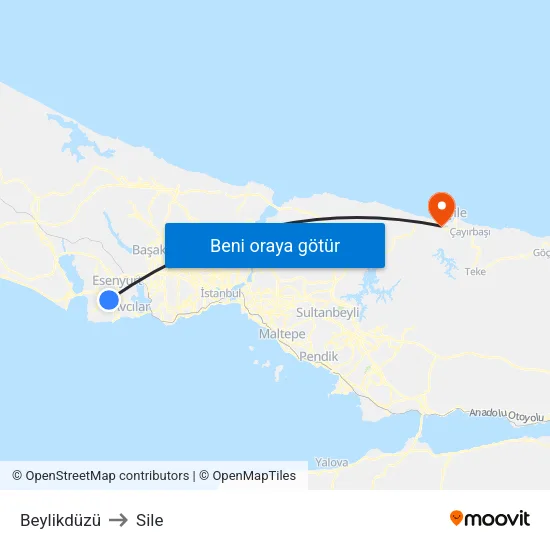 Beylikdüzü to Sile map