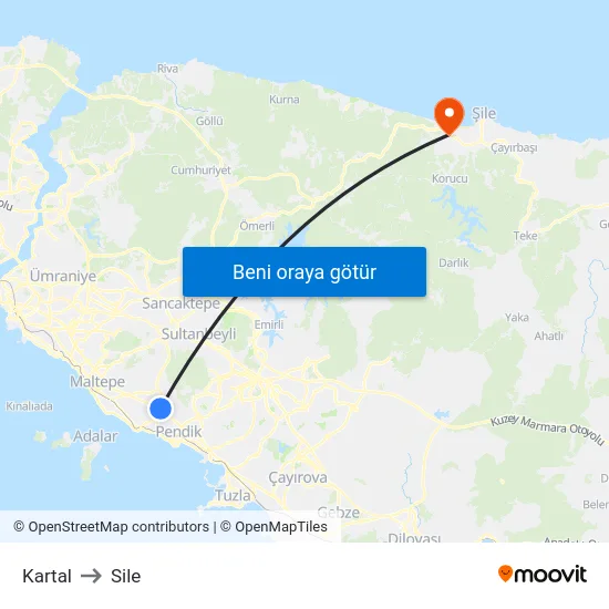 Kartal to Sile map