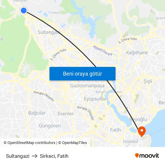 Sultangazi to Sirkeci, Fatih map