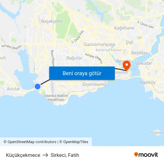 Küçükçekmece to Sirkeci, Fatih map