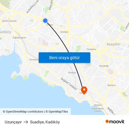 Uzunçayır to Suadiye, Kadıköy map