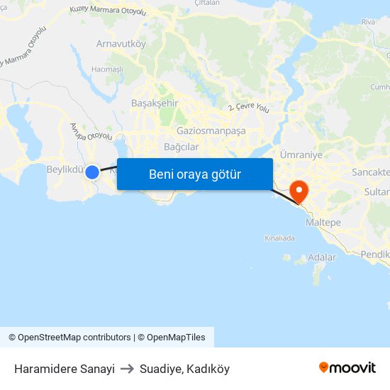 Haramidere Sanayi to Suadiye, Kadıköy map