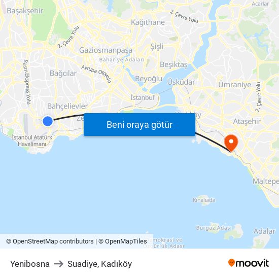 Yenibosna to Suadiye, Kadıköy map