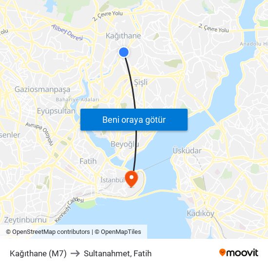 Kağıthane (M7) to Sultanahmet, Fatih map