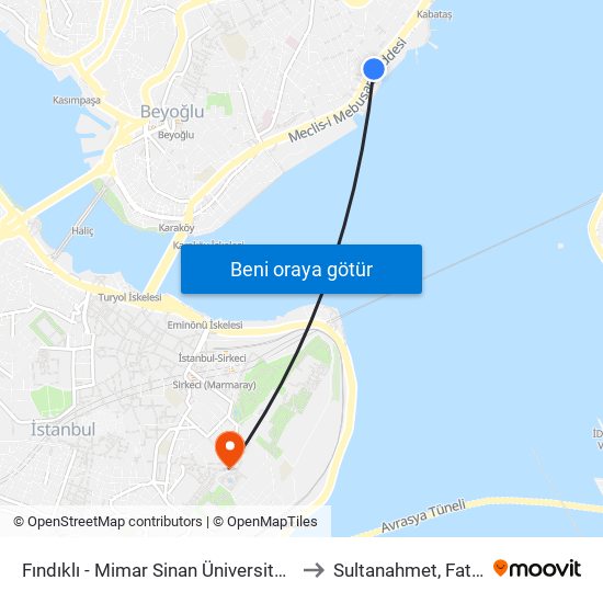 Fındıklı - Mimar Sinan Üniversitesi to Sultanahmet, Fatih map