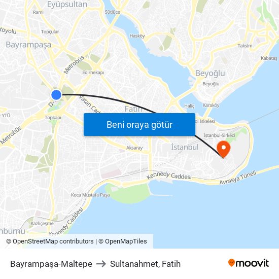 Bayrampaşa-Maltepe to Sultanahmet, Fatih map