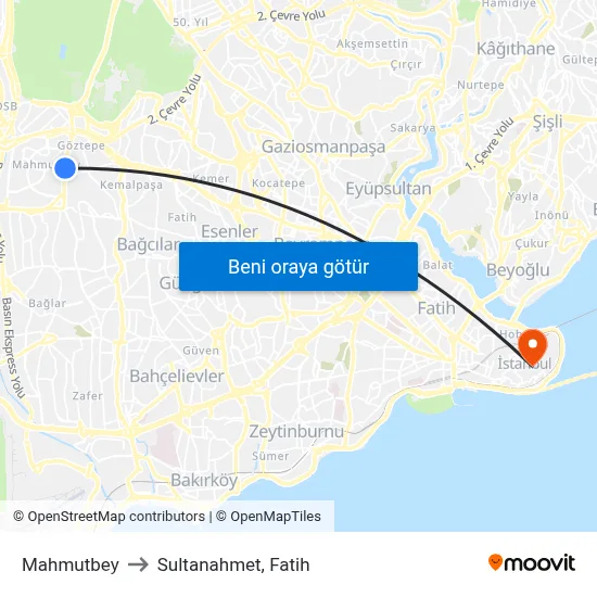 Mahmutbey to Sultanahmet, Fatih map