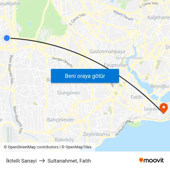 İkitelli Sanayi to Sultanahmet, Fatih map