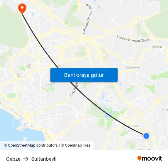 Gebze to Sultanbeyli map